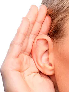 Nahaufnahme eines Ohrs mit danebenliegender Hand, die als Hörmuschel geformt ist. Die Geste signalisiert aufmerksames Zuhören oder Schwierigkeiten beim Hören.
