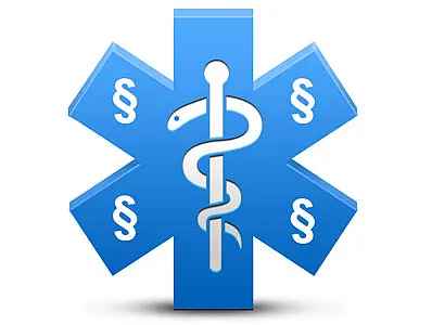 Blaues Stern-des-Lebens-Symbol mit Äskulapstab in der Mitte; auf den sechs Armen stehen §-Zeichen. Symbolisiert die Verbindung von Medizin/Notfallmedizin und Recht, also Medizinrecht bzw. rechtliche Rahmenbedingungen im Gesundheitswesen.