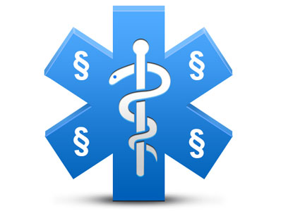 Blaues Stern-des-Lebens-Symbol mit Äskulapstab in der Mitte; auf den sechs Armen stehen §-Zeichen. Symbolisiert die Verbindung von Medizin/Notfallmedizin und Recht, also Medizinrecht bzw. rechtliche Rahmenbedingungen im Gesundheitswesen.